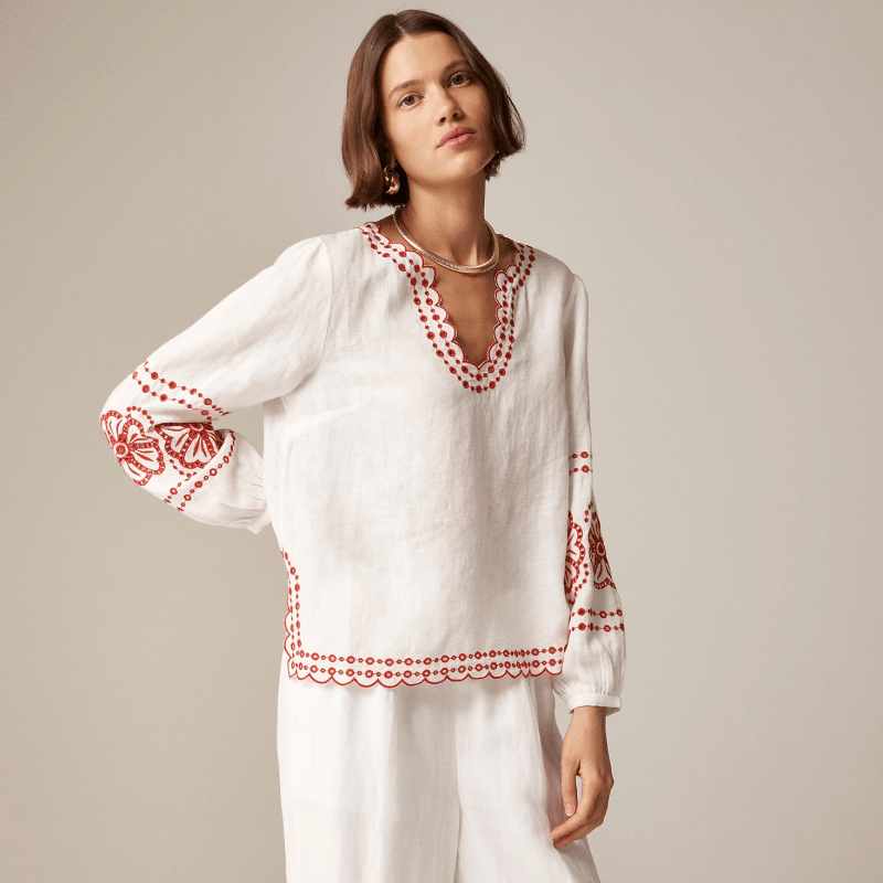 White linen J.Crew blouse with red floral embroidery