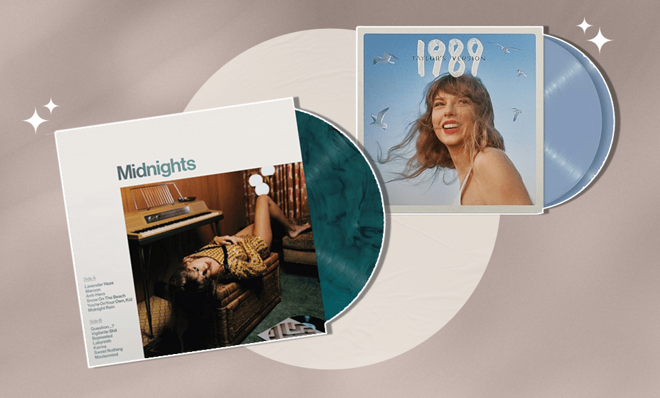 Taylor Swift Midnights and 1989 vinyl records.
