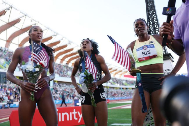 Alexis Holmes, Aaliyah Butler and Kendall Ellis pose with their medals after competing in the women's 400 meter final on Day Three 2024 U.S. Olympic Team Trials Track & Field at Hayward Field on June 23, 2024 in Eugene, Oregon.
