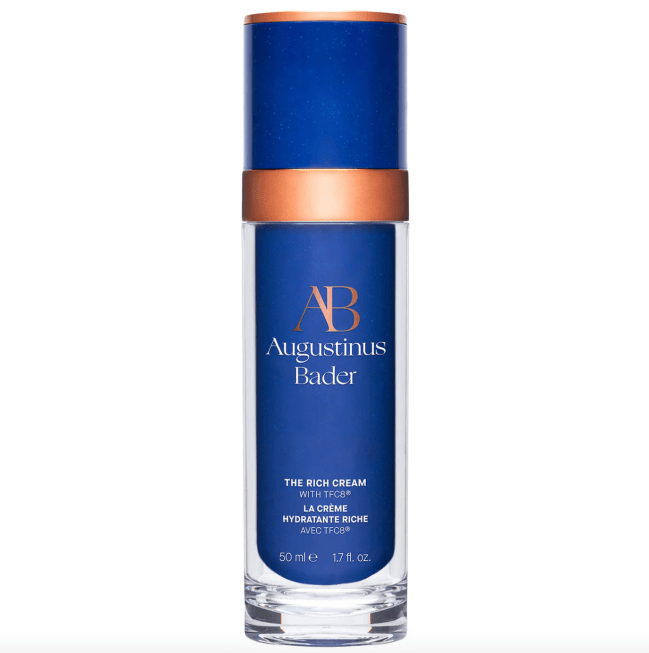 Augustinus Bader The Rich Cream in a blue bottle.