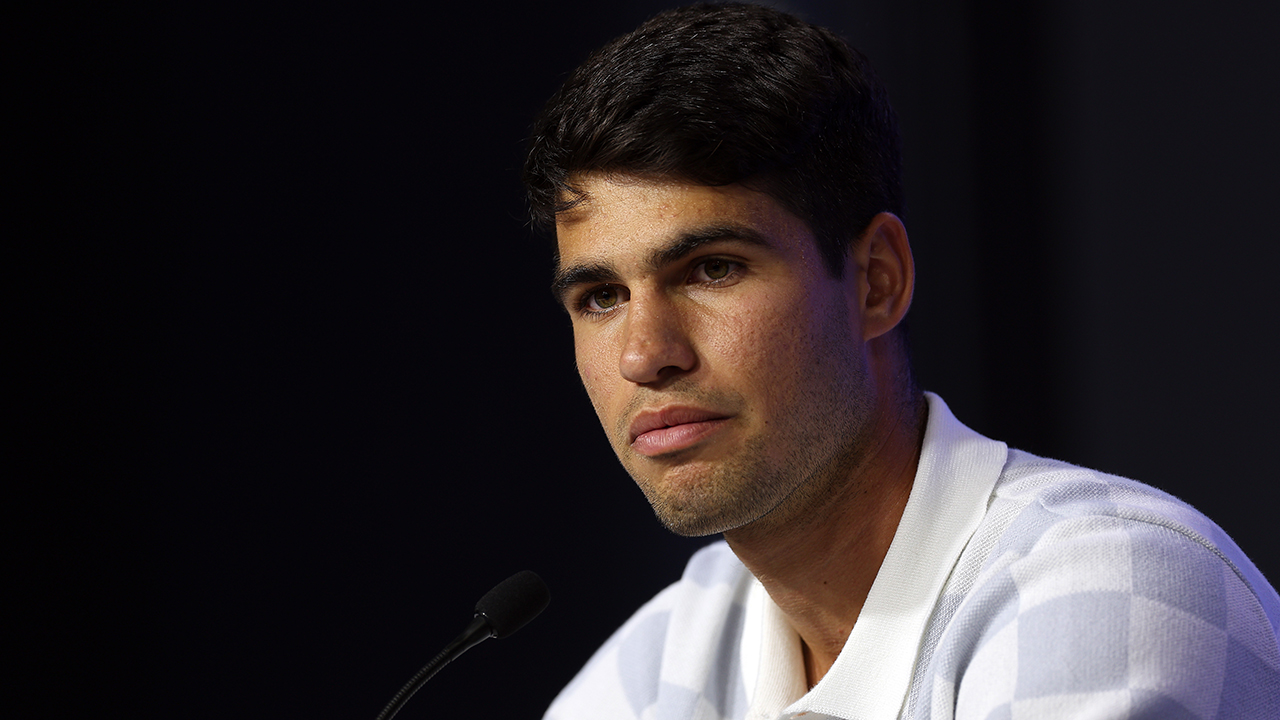 Carlos Alcaraz of Spain speaks to the media ahead of the US Open at USTA Billie Jean King National Tennis Center on August 24, 2024 in New York City.