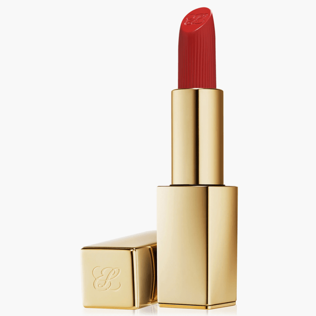 Estée Lauder Pure Color Lipstick in Thrill Me in a gold tube.