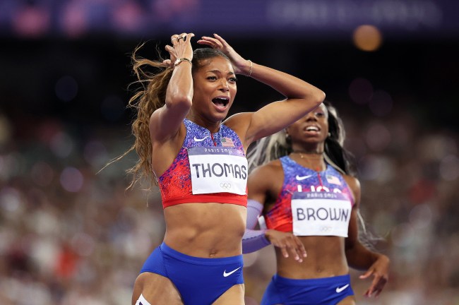 Gold medalist Gabrielle Thomas of Team United States celebrates after winning the Women's 200m Final on day eleven of the Olympic Games Paris 2024 at Stade de France on August 06, 2024 in Paris, France.