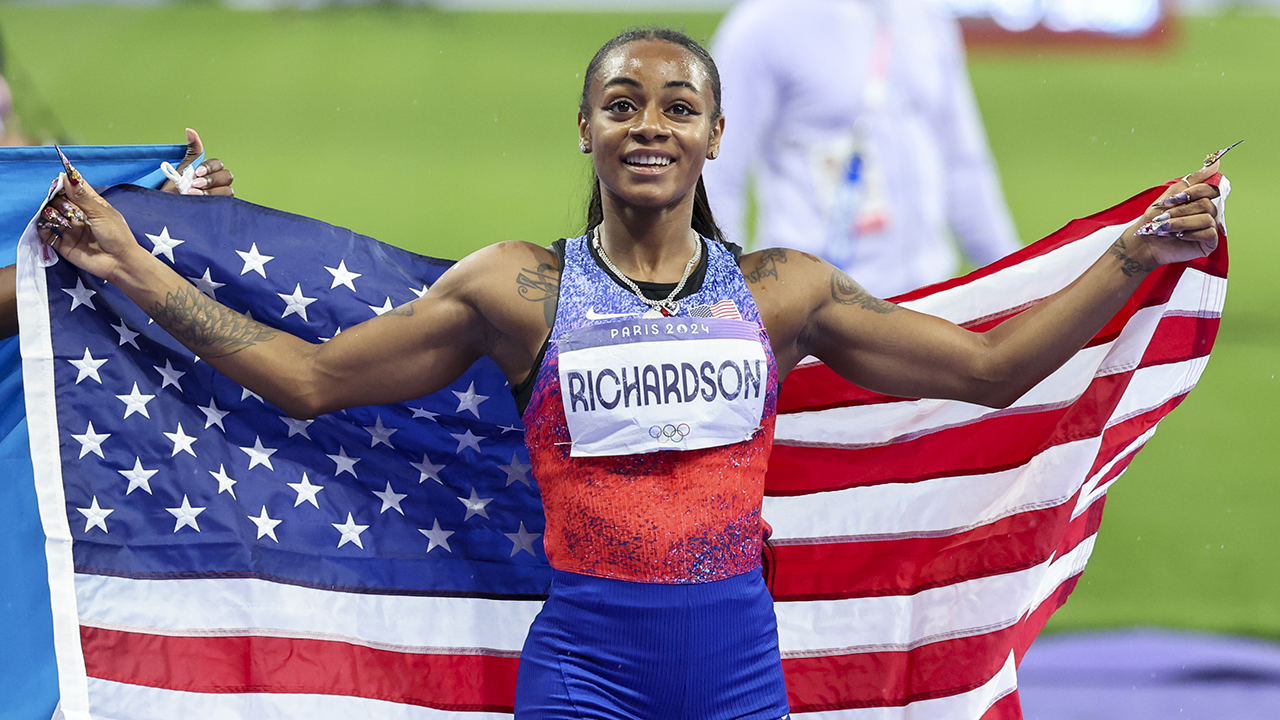 Sha'Carri Richardson of Team United States celebrates winning the silver medal during the Women's 100m Final on day eight of the Olympic Games Paris 2024 at Stade de France on August 3, 2024 in Paris, France.
