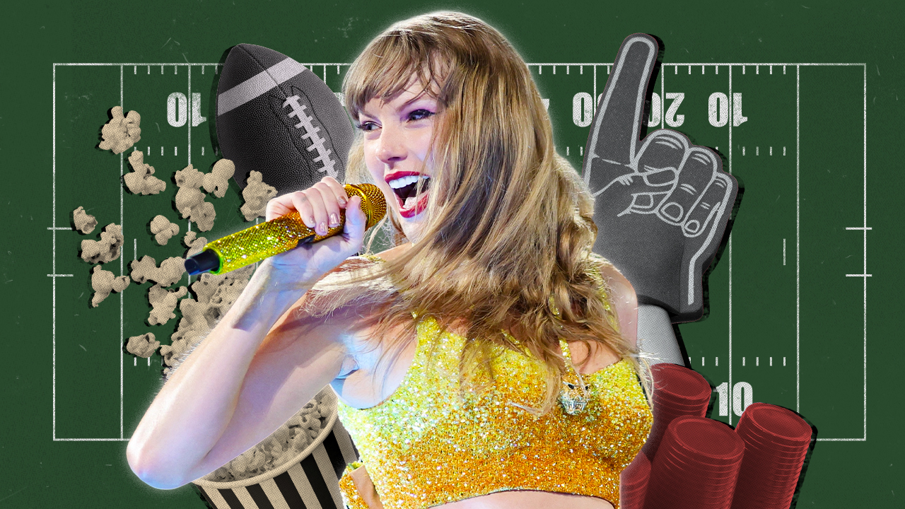 A collage of Taylor Swift and various football accessories