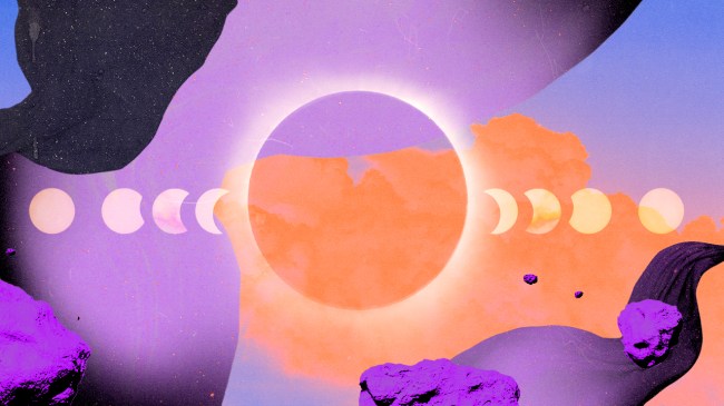 A solar eclipse in front of various lunar phases, surrounded by floating space debris in purple, blue, and orange hues