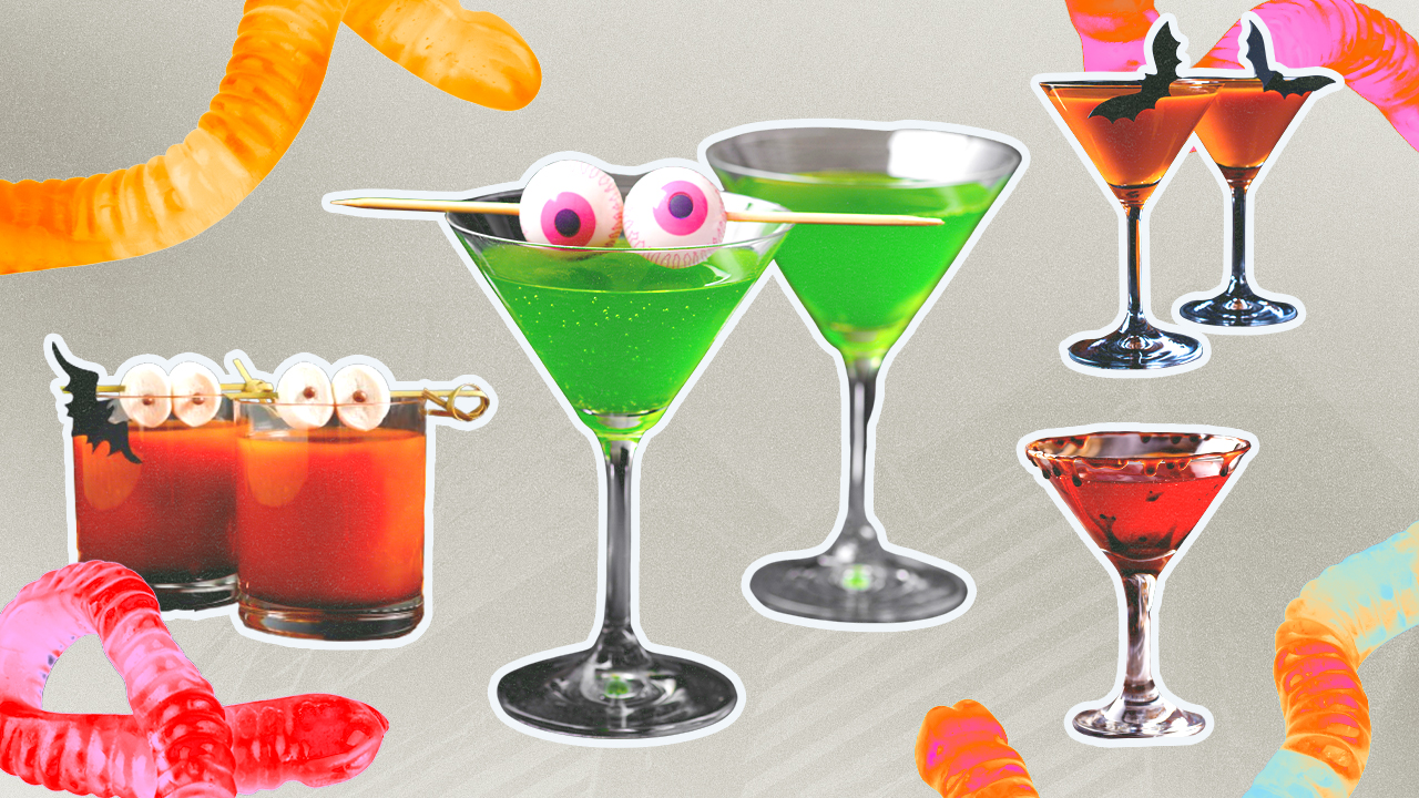 A collage of various Halloween cocktails