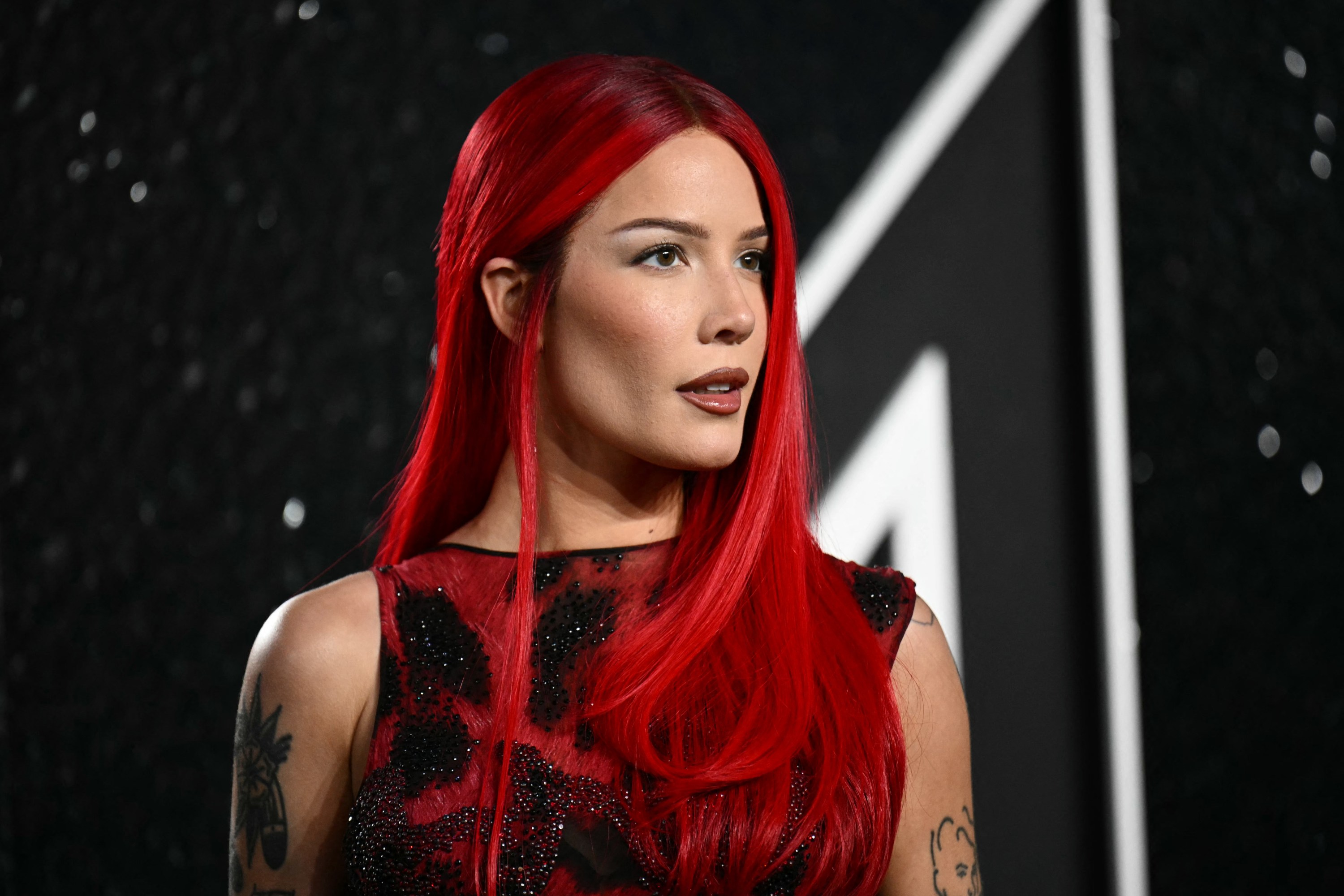 US singer Halsey arrives to attend the MTV Video Music Awards at UBS Arena in Elmont, New York, on September 11, 2024.