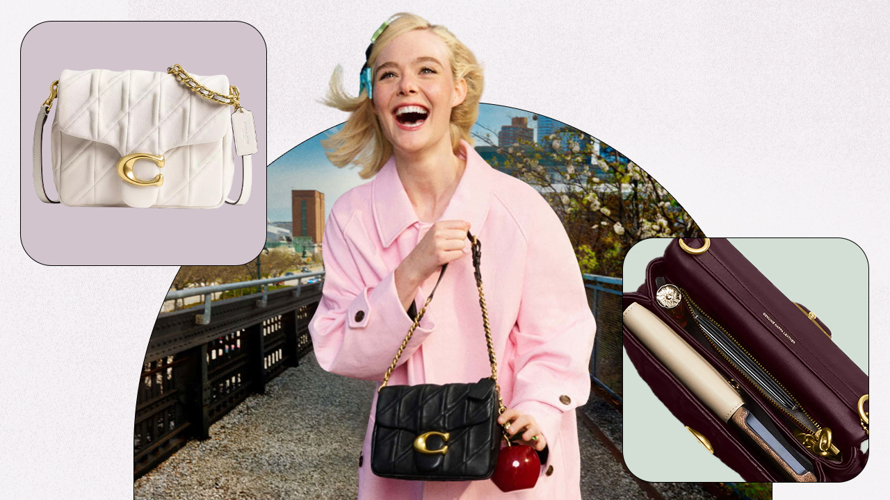 Left to Right: Coach Times Square Tabby Shoulder Bag in Chalk, Elle Fanning holding the Coach Times Square Tabby Shoulder Bag in Black, inside of the Coach Times Square Tabby Shoulder Bag in Merlot.