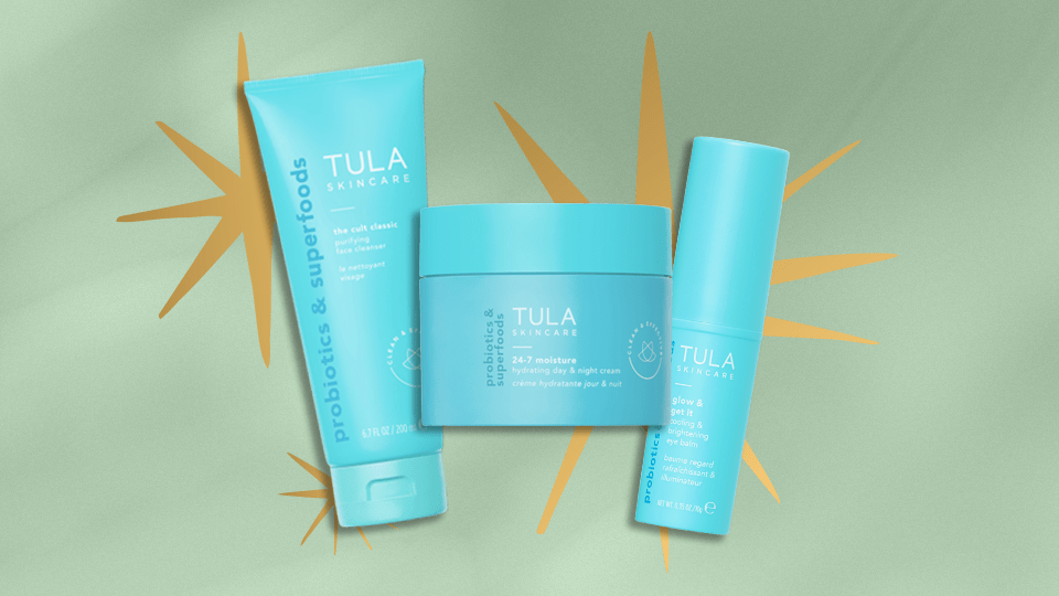 Left to Right: Tula The Cult Classic Purifying Face Cleanser, Tula 24-7 Power Swipe Hydrating Day & Night Treatment Eye Balm, Tula Glow & Get It Cooling & Brightening Eye Balm.