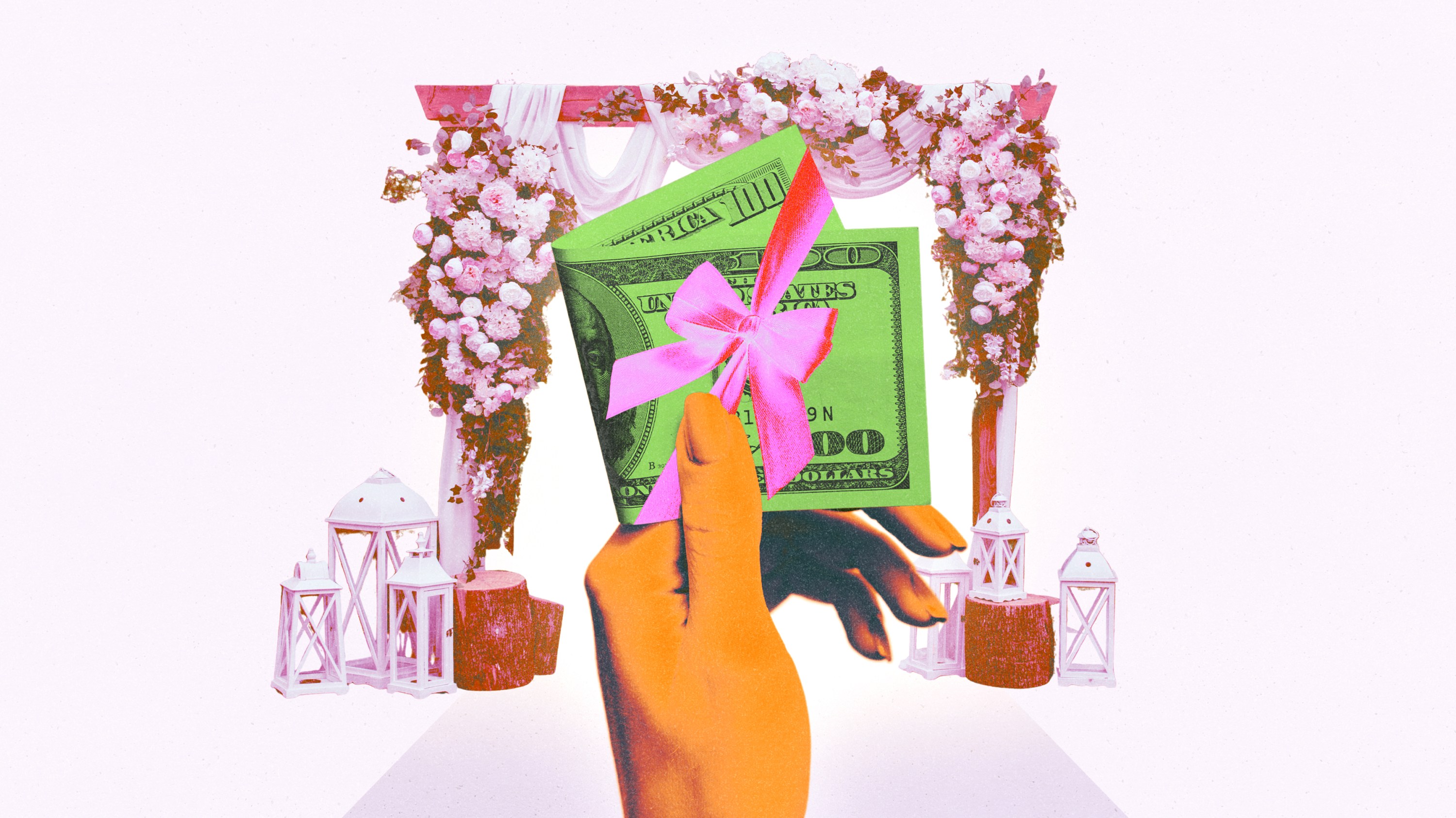 A collage of a hand holding a dollar bill with a bridal-themed background