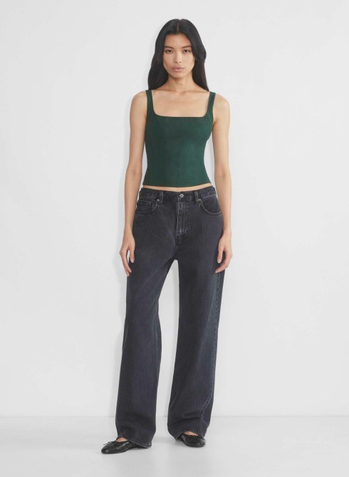 Model wearing Aritzia Roulade Top in green