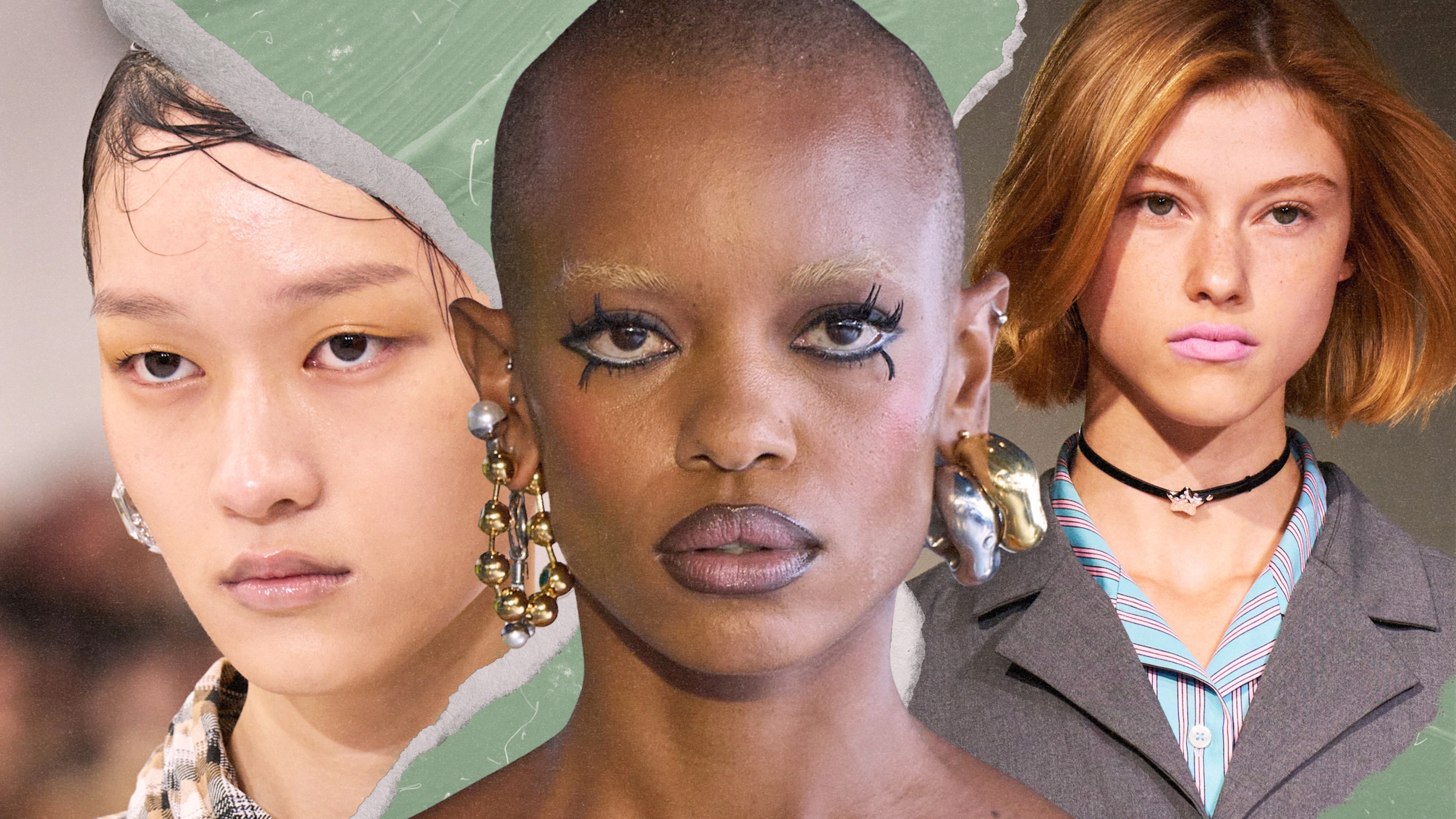 Three models wearing 2025 lip trends.