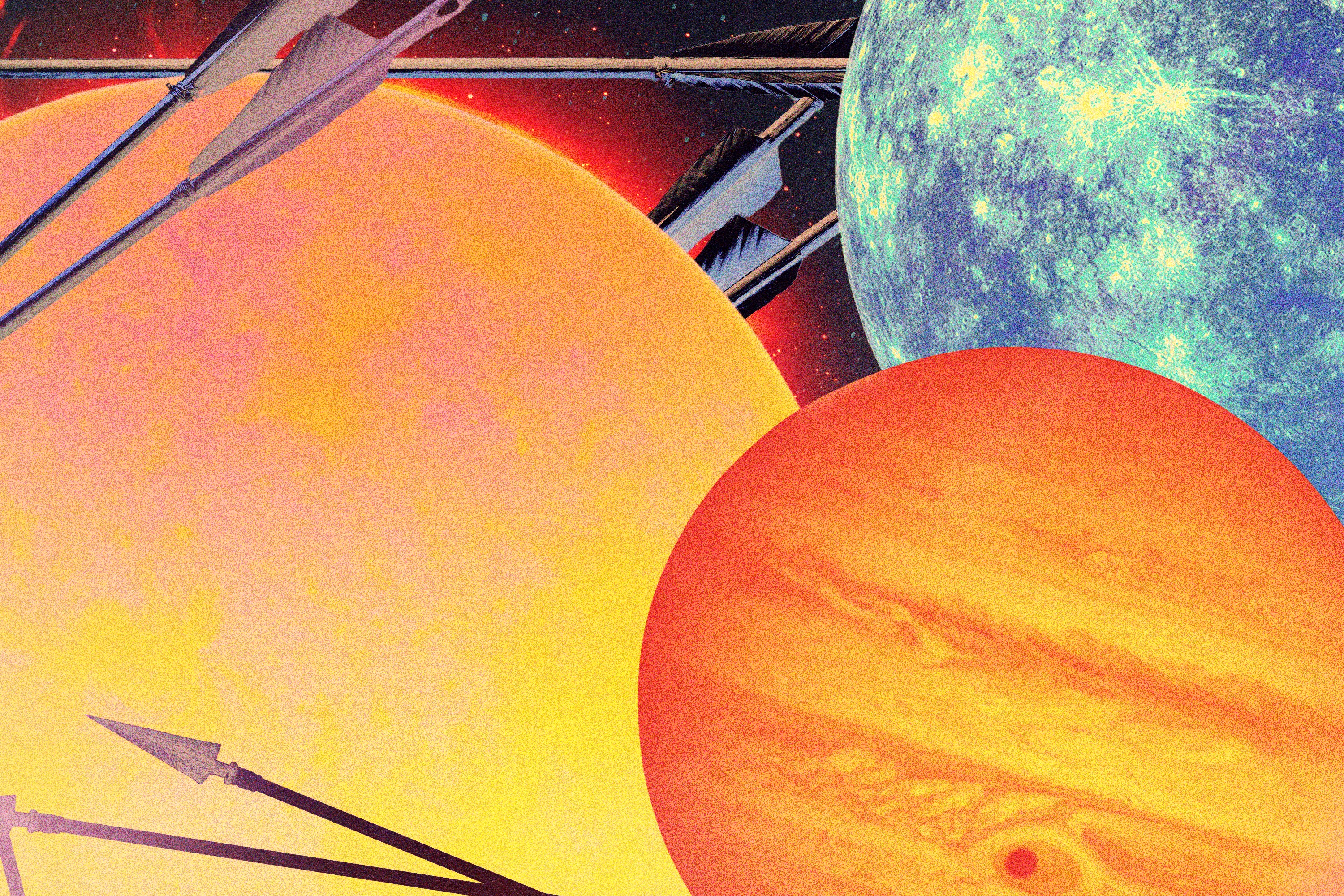 Planet Jupiter, Mercury, and the sun with arrows running over them in honor of Sagittarius season