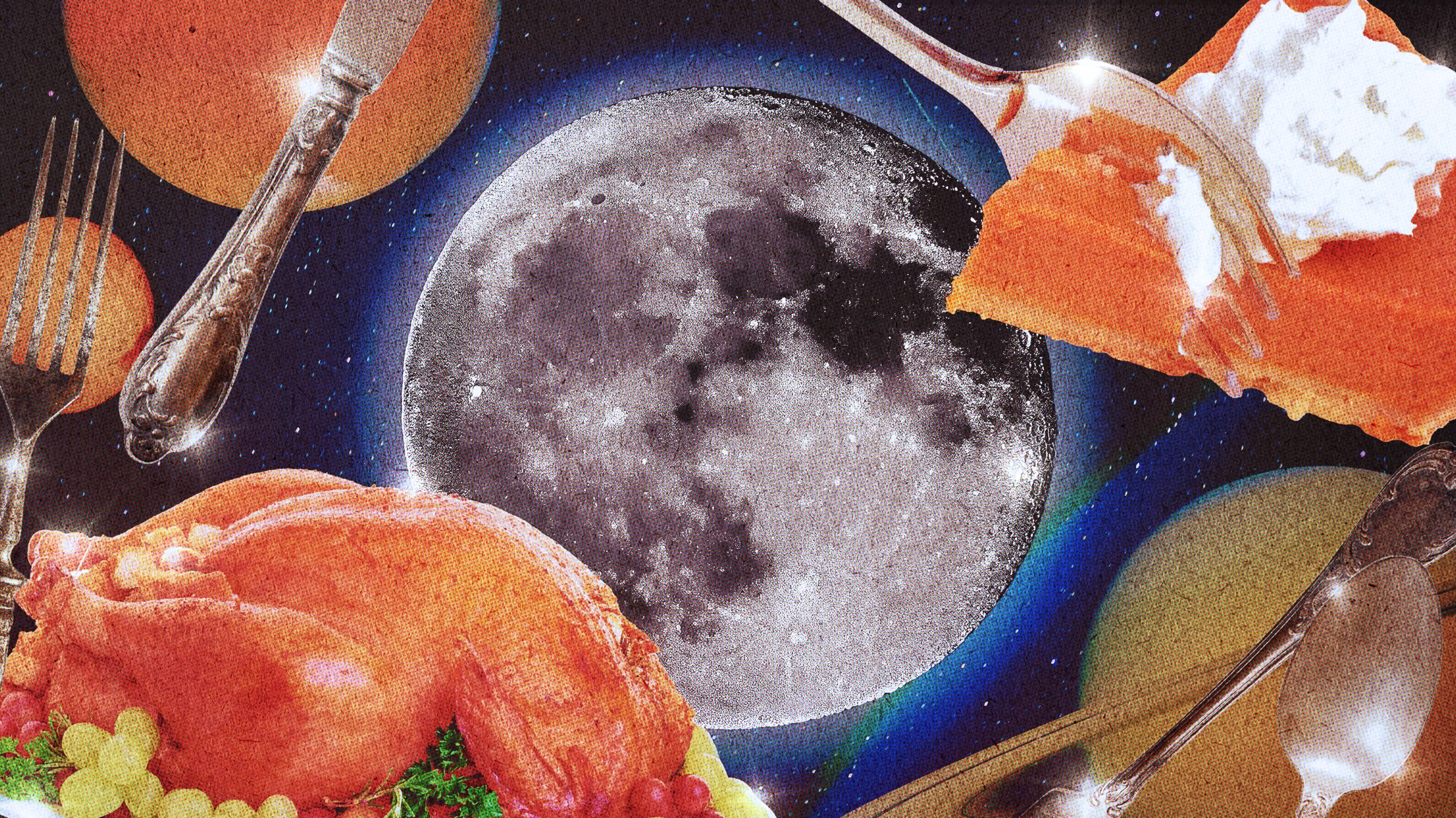 The moon surrounded by classic Thanksgiving dishes, like pumpkin pie and turkey
