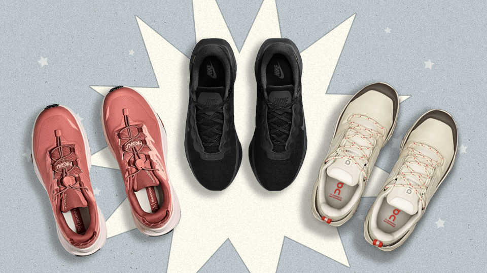 Left to Right: a pair of light red/pink Hoka sneakers; a pair of all-black Nike sneakers; a pair of ivory On sneakers