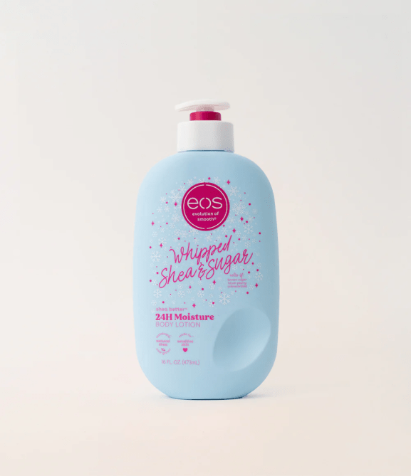 EOS Whipped Shea & Sugar Holiday Body Lotion in a blue bottle.