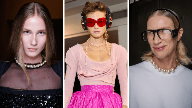 Balmain, Andreas Kronthaler for Vivienne Westwood, Moschino pearl necklaces on spring/summer 2025 runway