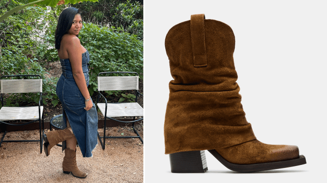 Left: Robyn wearing the Steve Madden Pia Chestnut Suede; Right: a product shot of the Steve Madden Pia Chestnut Suede.