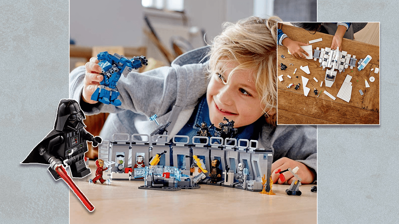 Left to Right: Darth Vader LEGO figure, a little boy playing with a Tony Stark Iron Man LEGO set, an overhead view of someone building a Star Wars Imperial Shuttle LEGO set.
