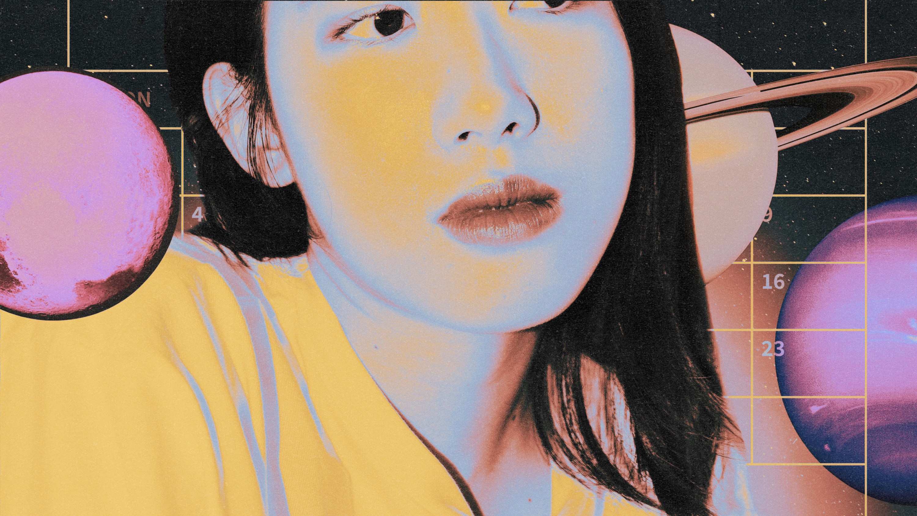 A woman surrounded by calendar dates and planets in holographic colors