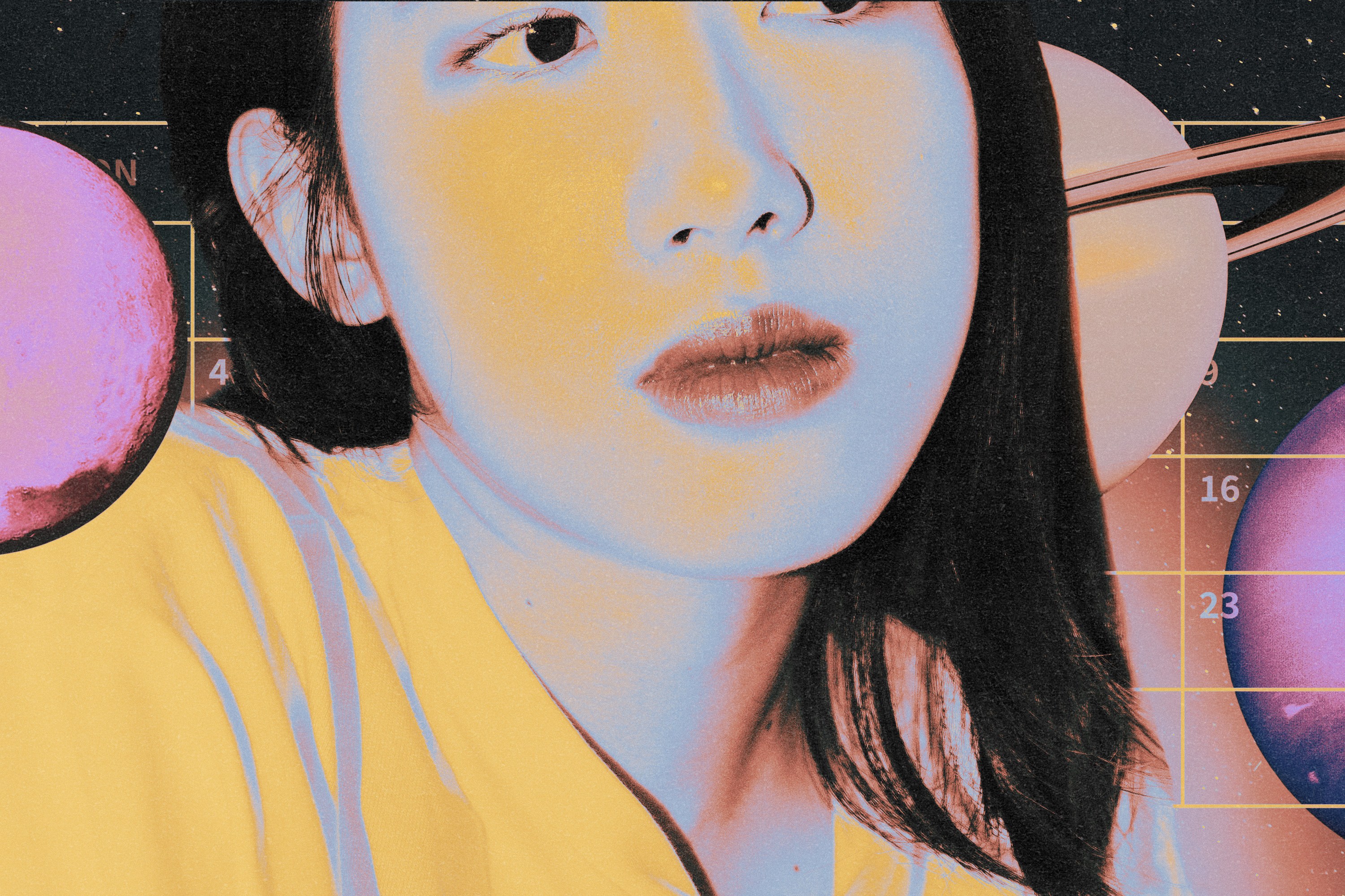 A woman surrounded by calendar dates and planets in holographic colors