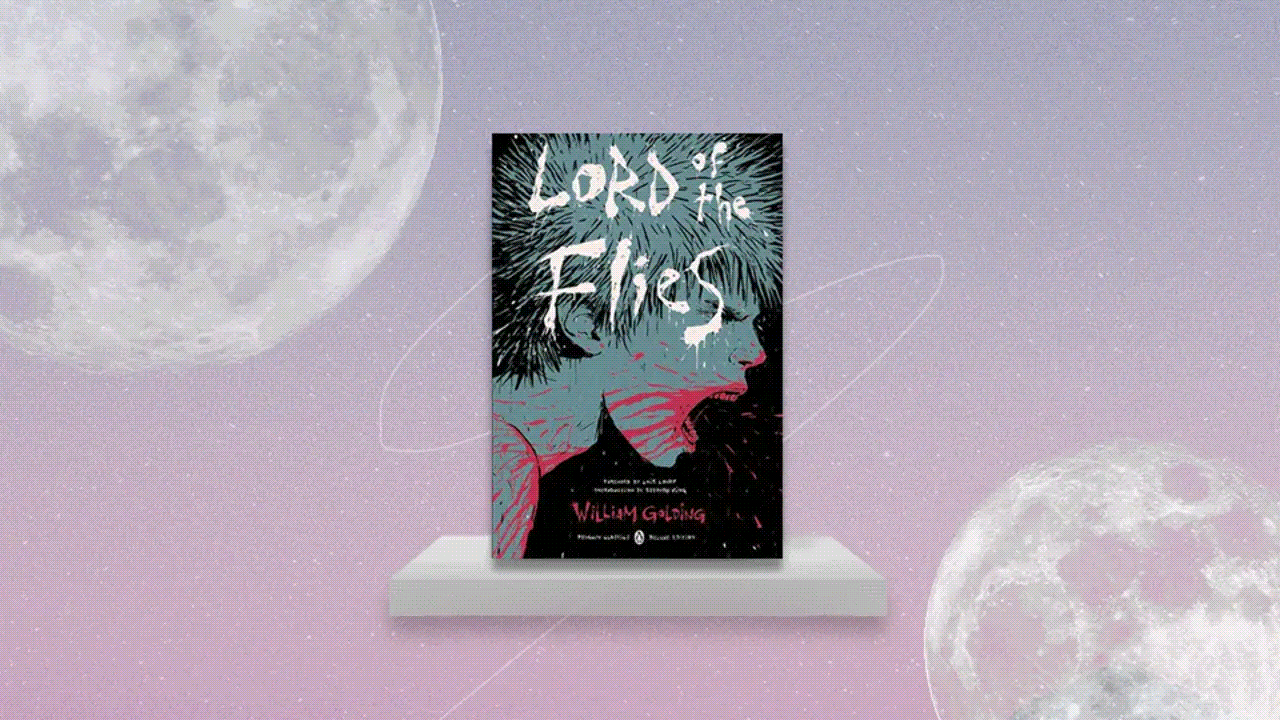 A gif flipping through various book covers for novels over a pink sky backdrop with full moons