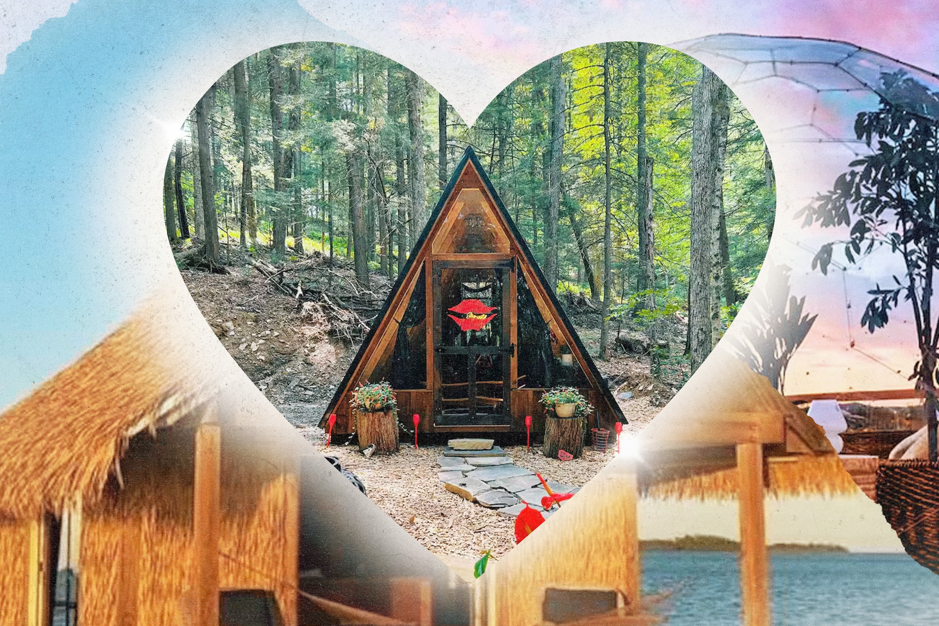 A collage of romantic Airbnbs