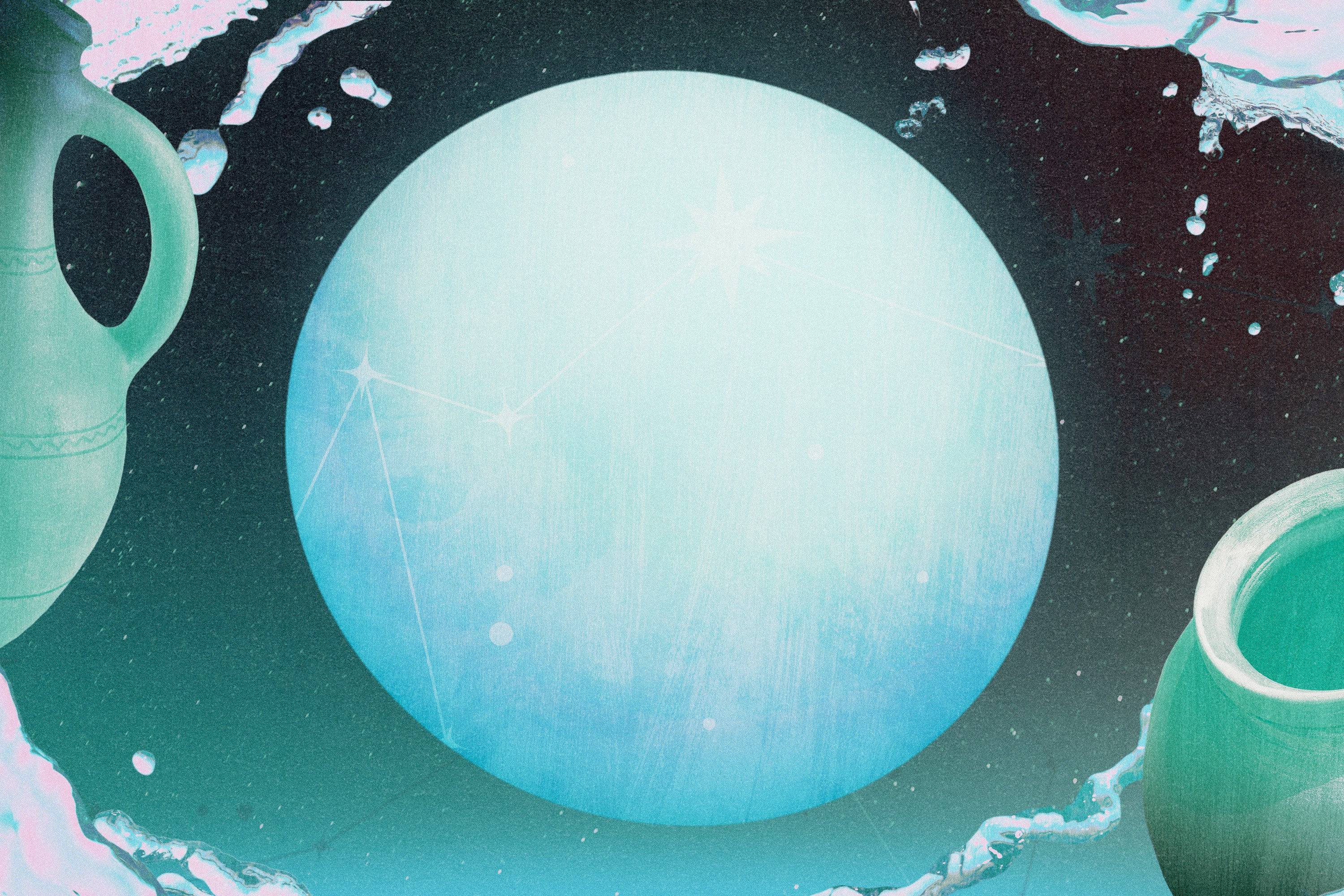 The full moon in Aquarius in a light ble hue sitting next to pales of water