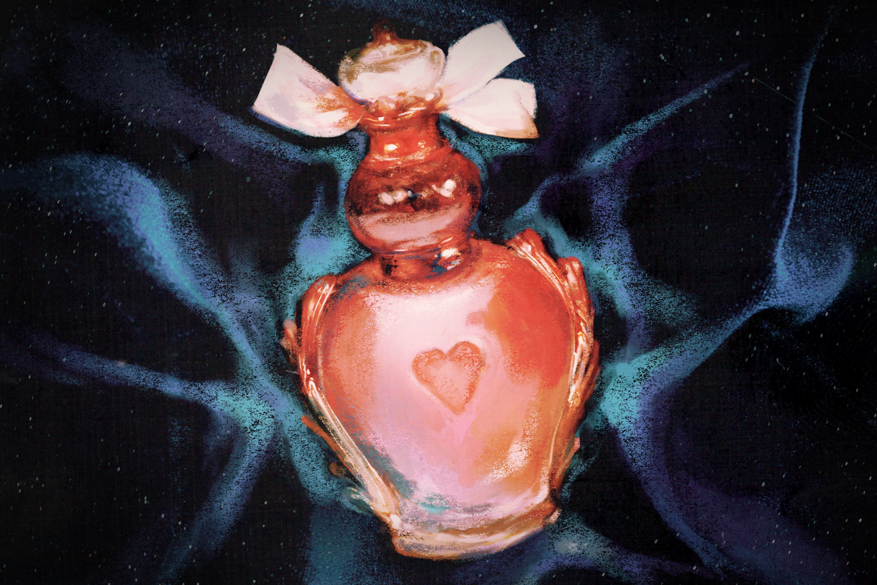 A pink love potion in a beautiful bottle wrapped with a ribbon