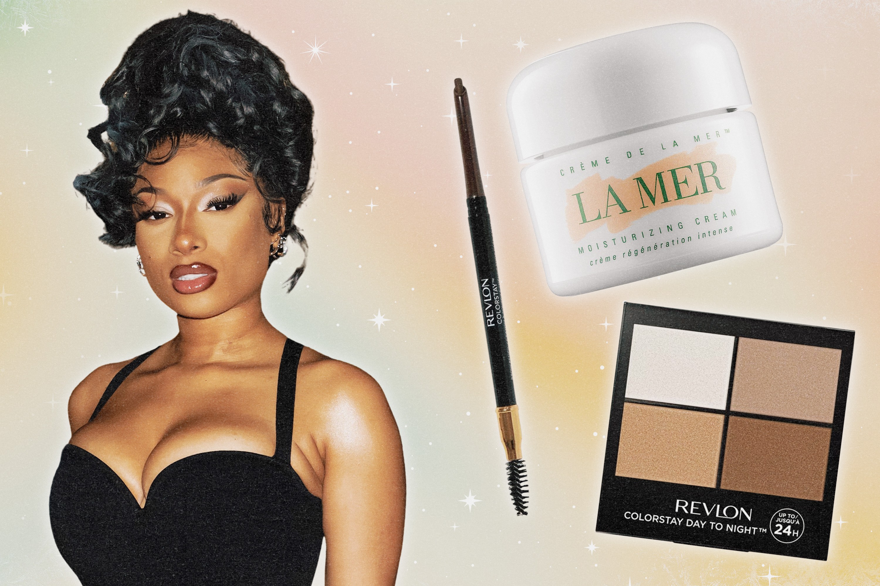 Megan Thee Stallion next to her most used makeup products.