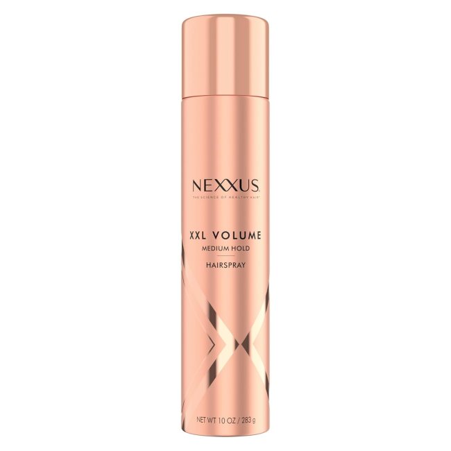 Nexxus Medium-Hold Hairspray XXL Volume in a rose gold bottle.