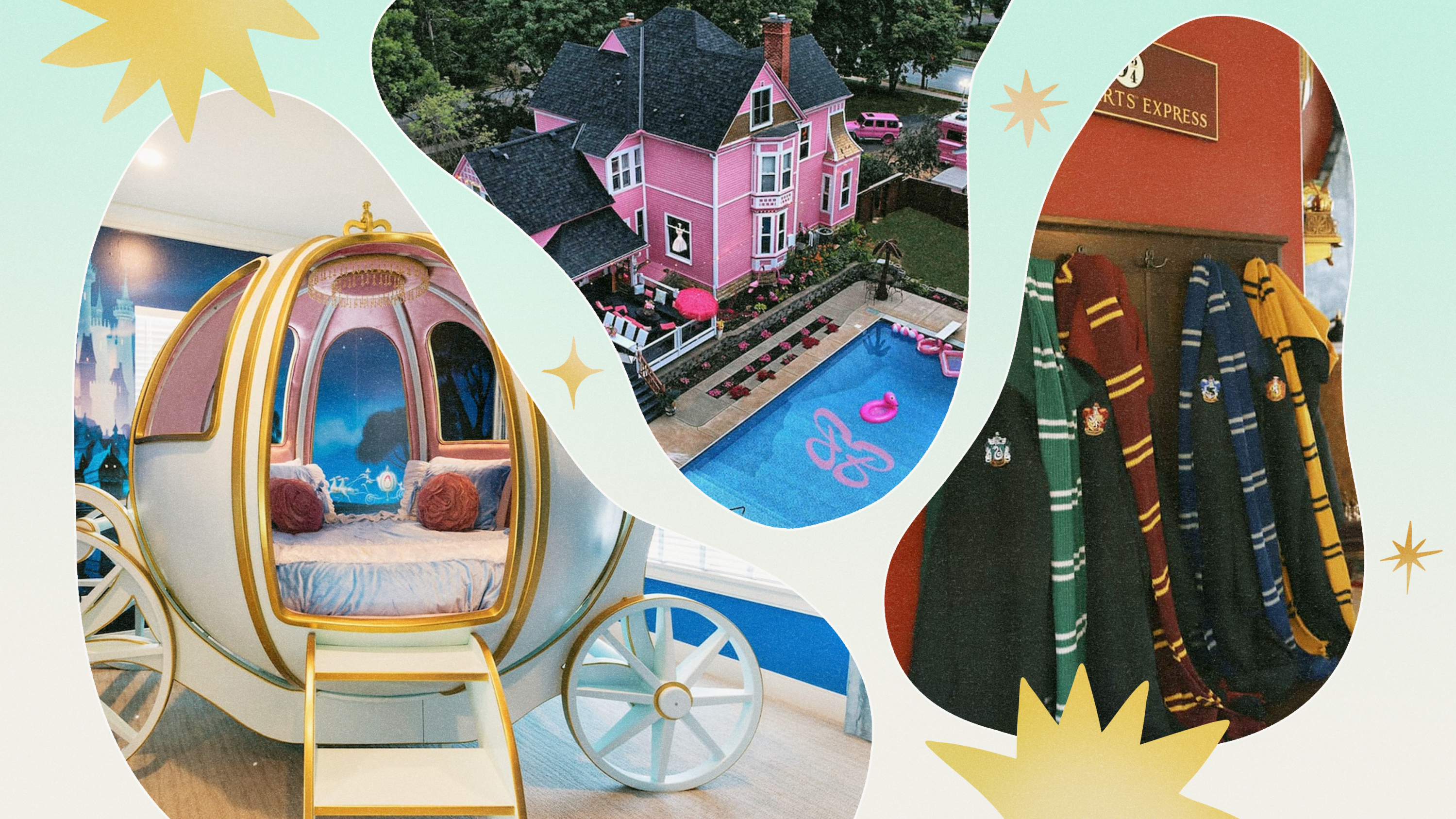 Left to Right: a Cinderella-themed Airbnb, a pink Barbie-themed Airbnb, and a Harry Potter-themed Airbnb.