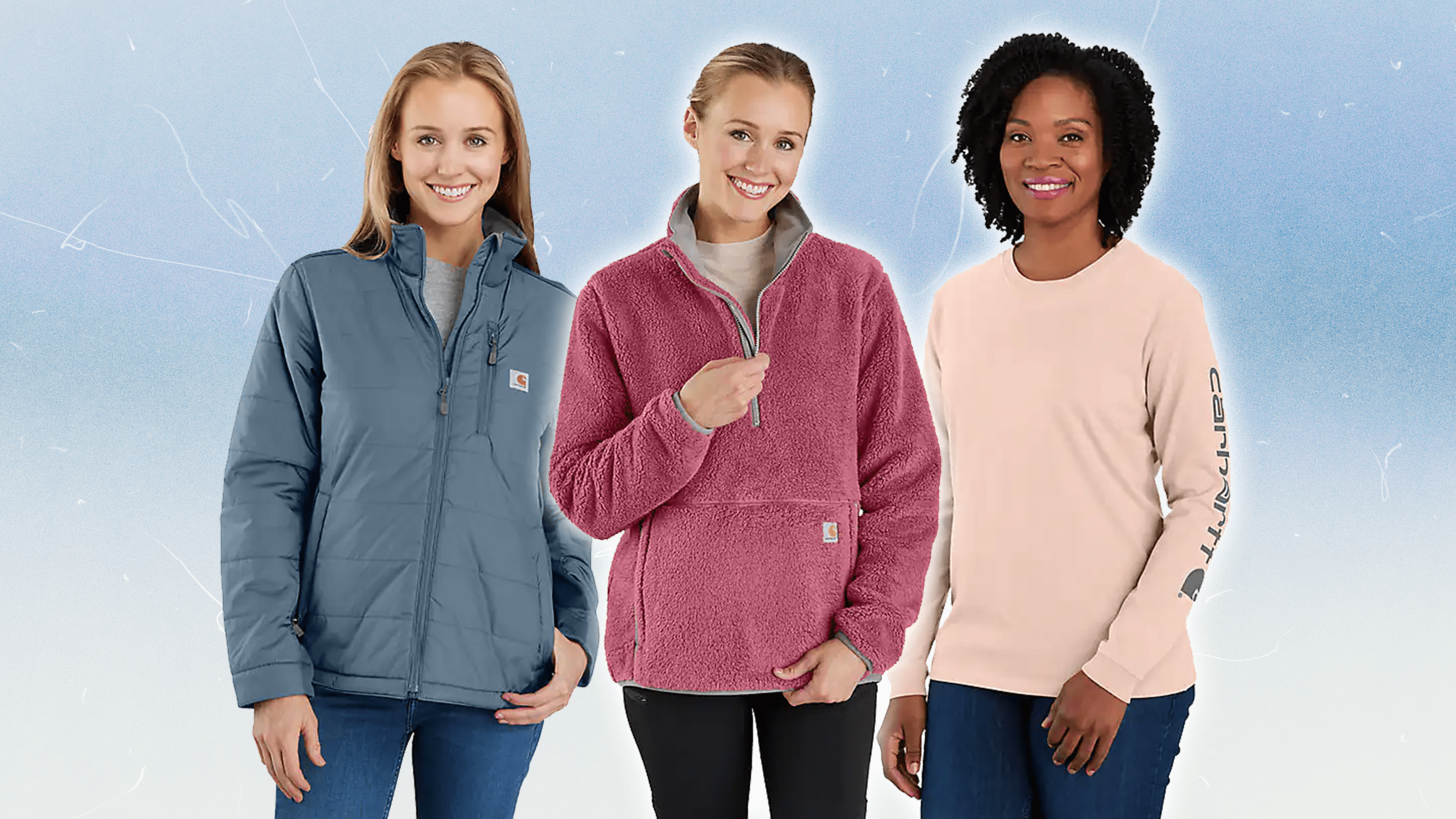 Three models wearing Carhartt jackets and long-sleeve t-shirts.