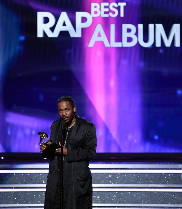 NEW YORK, NY - JANUARY 28:  Recording artist Kendrick Lamar accepts Best Rap Album for 'DAMN.' onstage during the 60th Annual GRAMMY Awards at Madison Square Garden on January 28, 2018 in New York City.