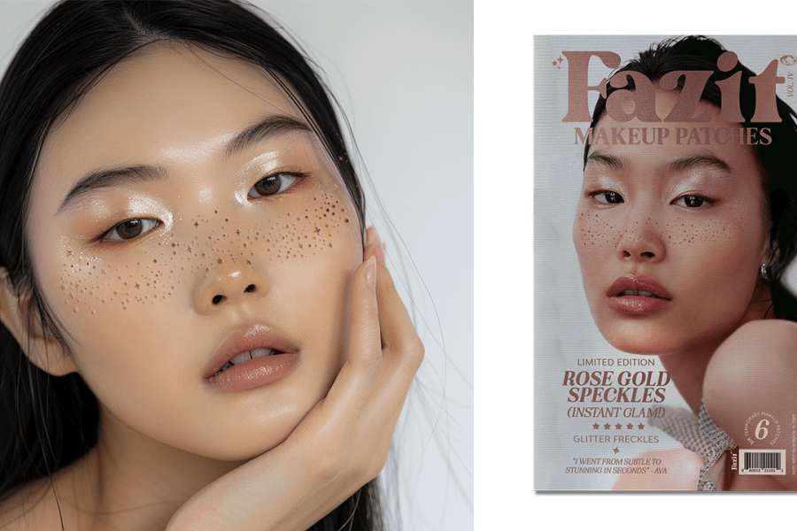 Left: a model wearing the Fazit Rose Gold Glitter Freckles; Right: a 6-pack of the Fazit Rose Gold Glitter Freckles.