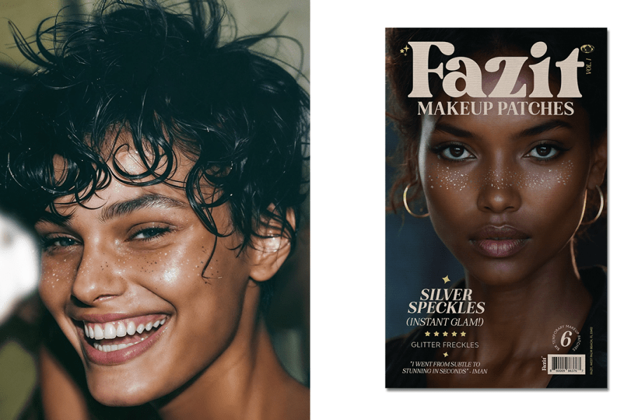 Left: a model wearing the Fazit Silver Glitter Freckles; Right: a 6-pack of Fazit's Silver Glitter Freckles.