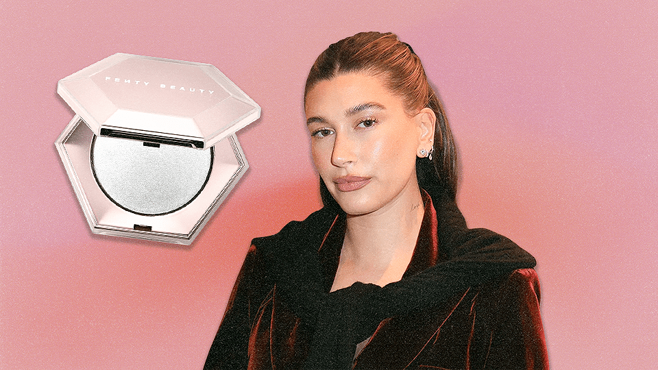 Hailey Bieber next to the Fenty Beauty Diamond Bomb.