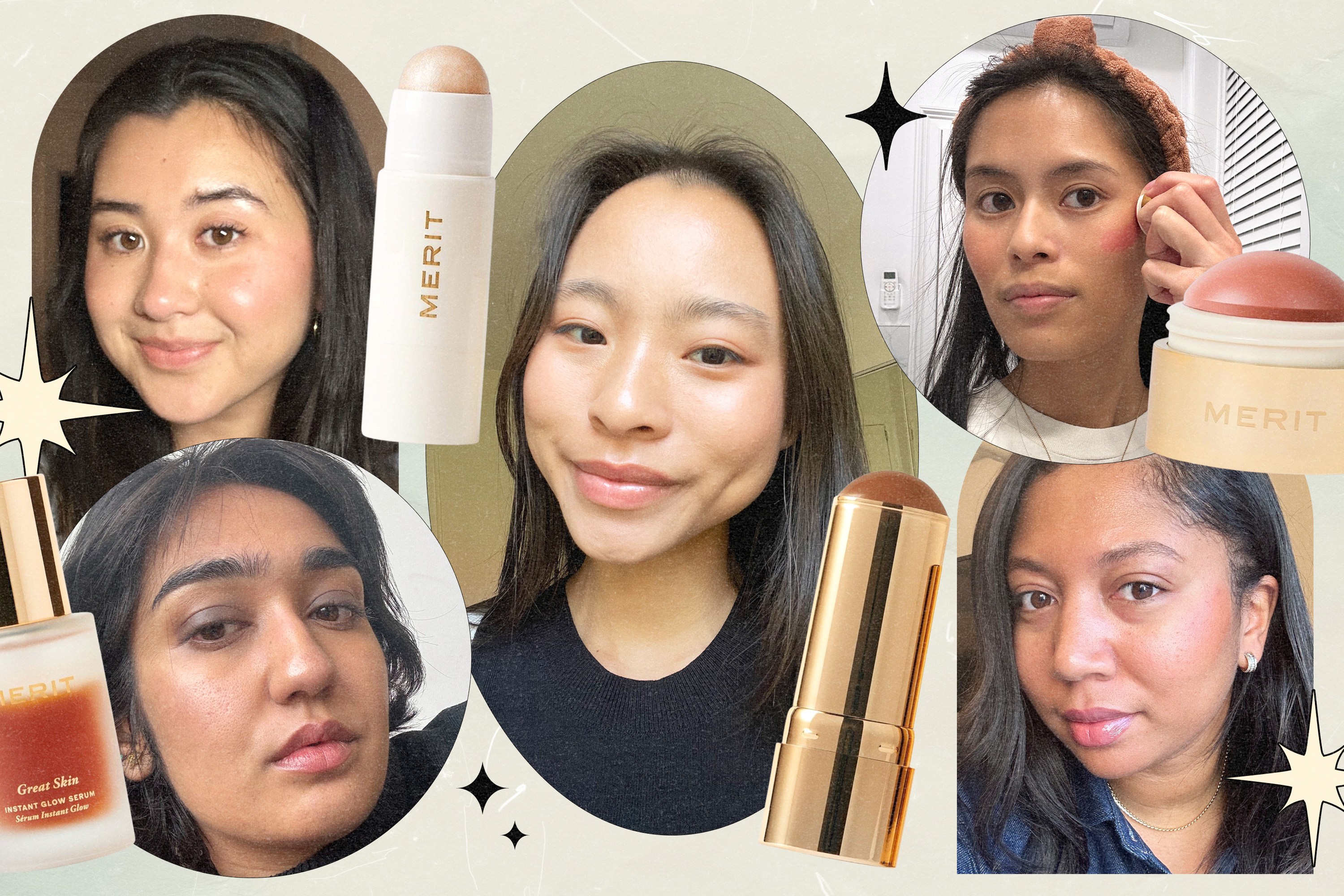 Five StyleCaster editors wearing and testing Merit Beauty's makeup and skincare products. Plus, Merit's face serum, highlighting balm stick, bronze balm stick, and blush balm.
