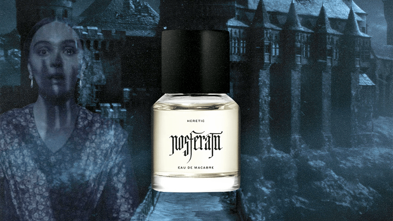 Heretic Parfum Nosferatu Perfume next to a still of Lily-Rose Depp from the film.