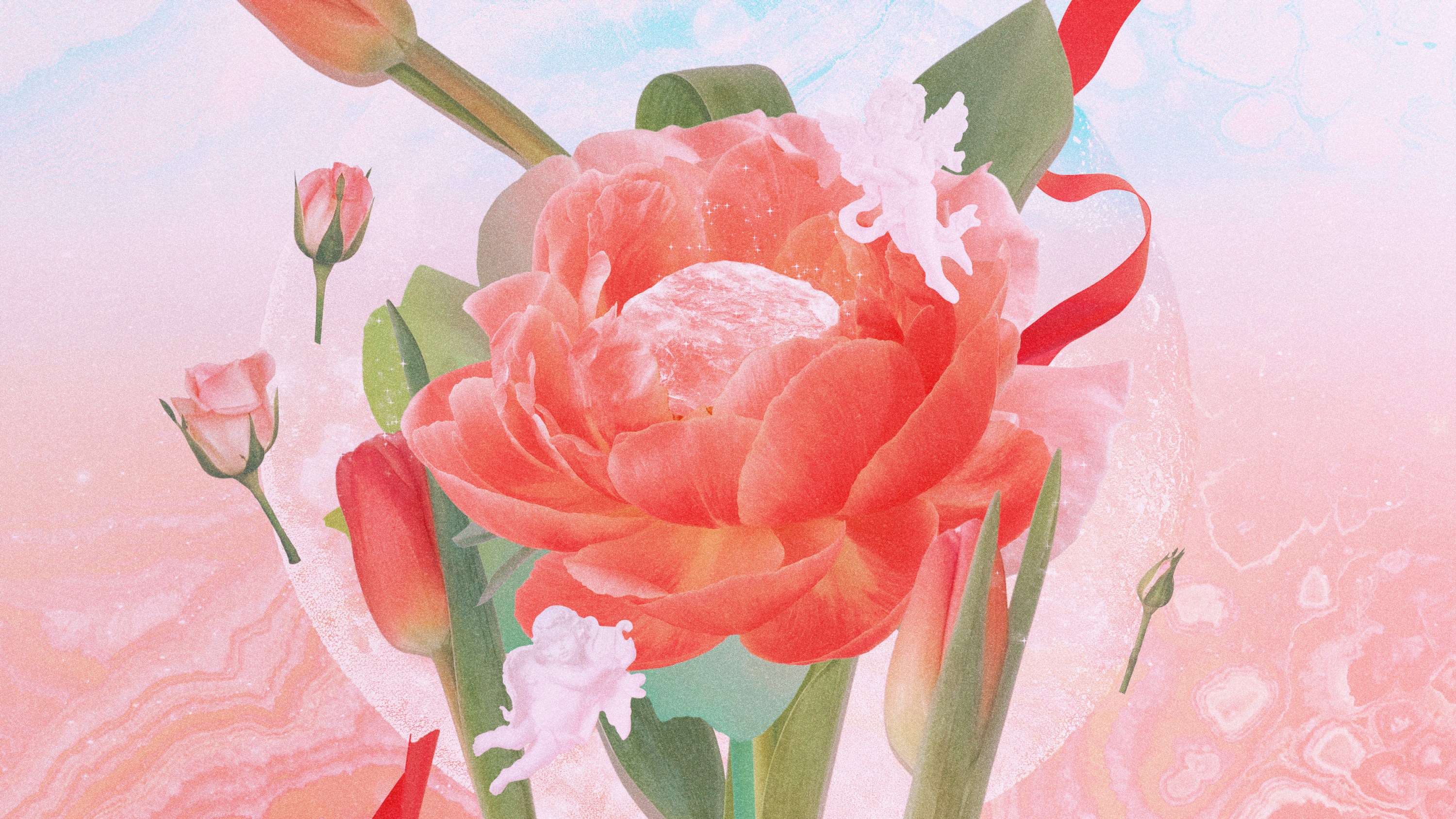 A flower in front of a pink full moon surrounded by little Cupids