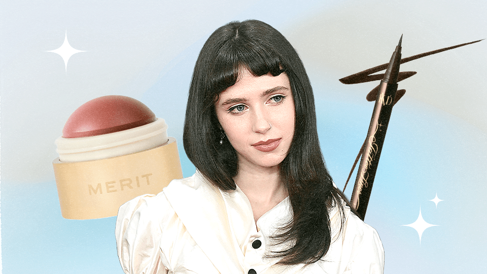 Clairo next to Merit and KVD beauty products.