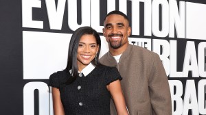 NEW YORK, NEW YORK - SEPTEMBER 24: (L-R) Bryonna Burrows and Jalen Hurts attend "Evolution of the Black Quarterback" premiere at The Apollo Theater on September 24, 2024 in New York City.