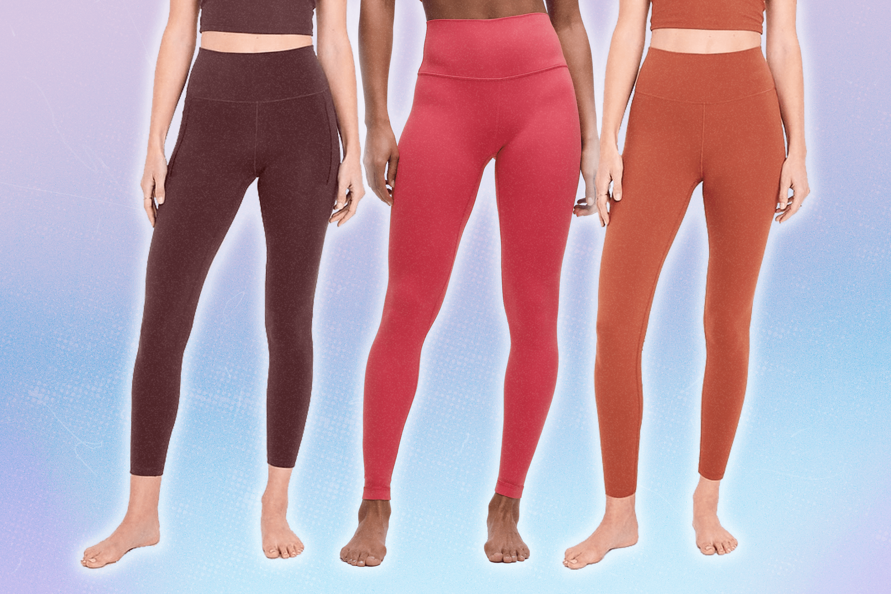 Three models wearing colorful Old Navy and Lululemon leggings