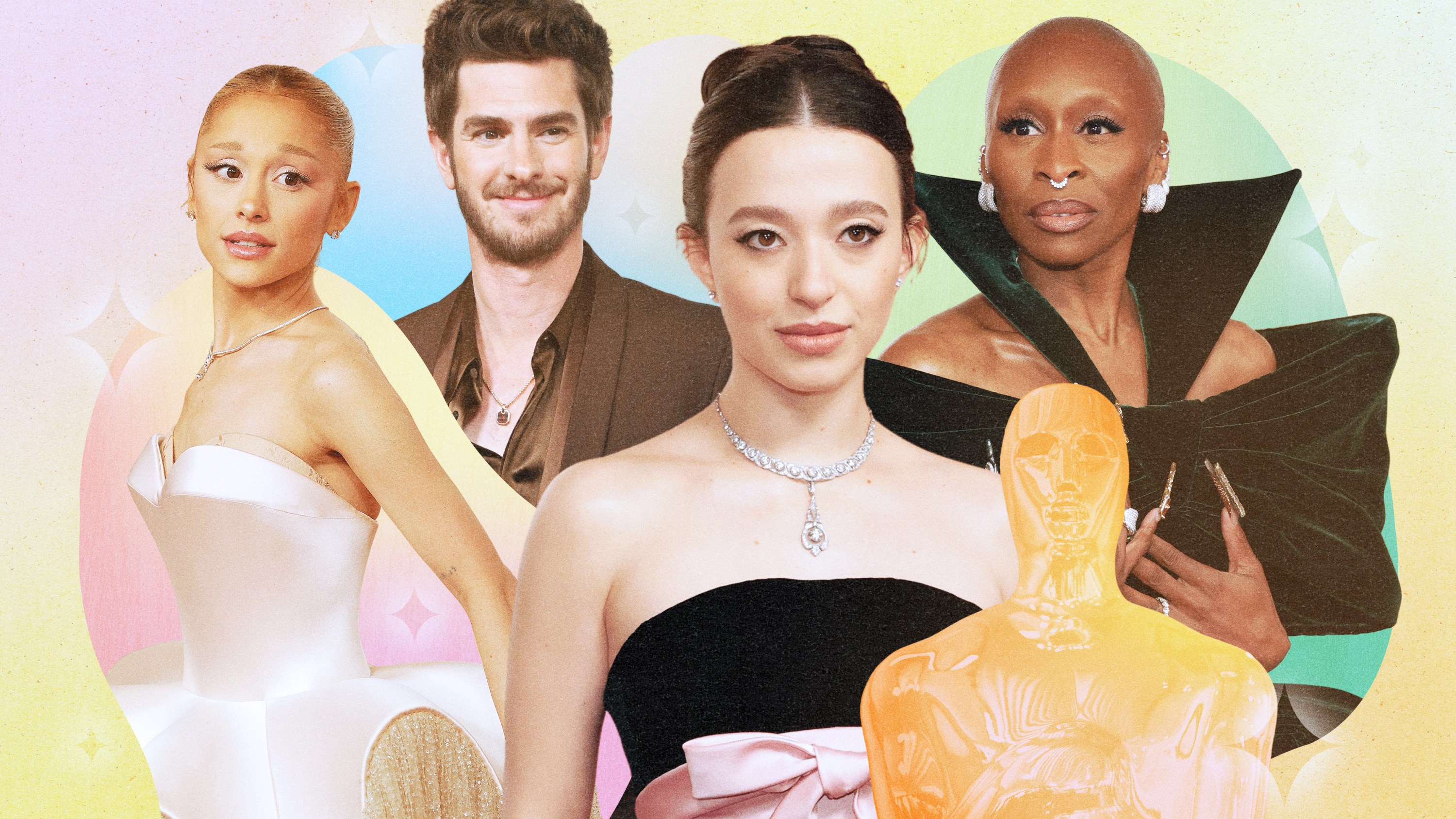 Ariana Grande, Andrew Garfield, Mikey Madison, and Cynthia Erivo at the 2025 Oscar Awards.