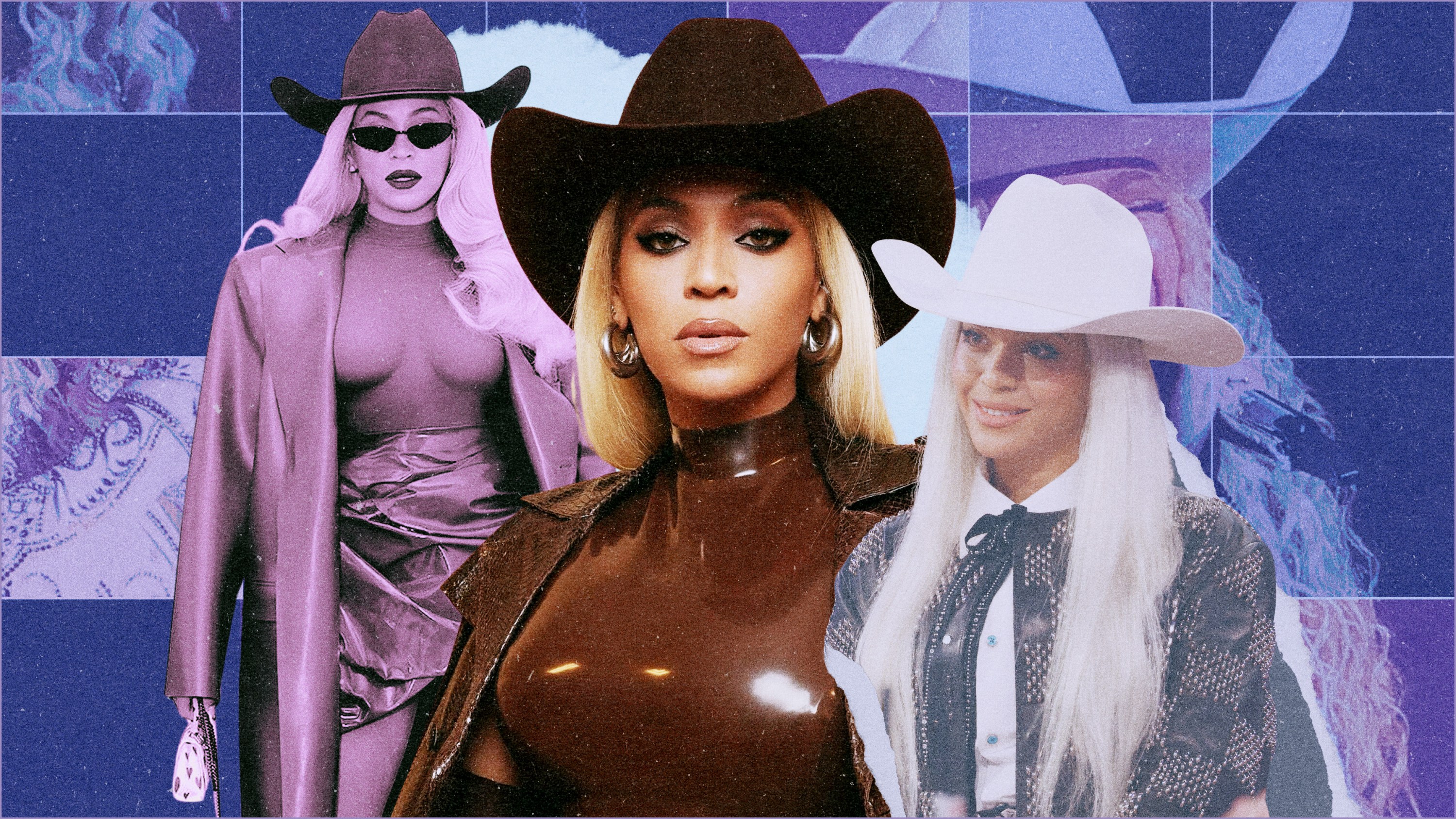 Three photos of Beyoncé wearing cowboy hats, with blue and purple photo editing treatments