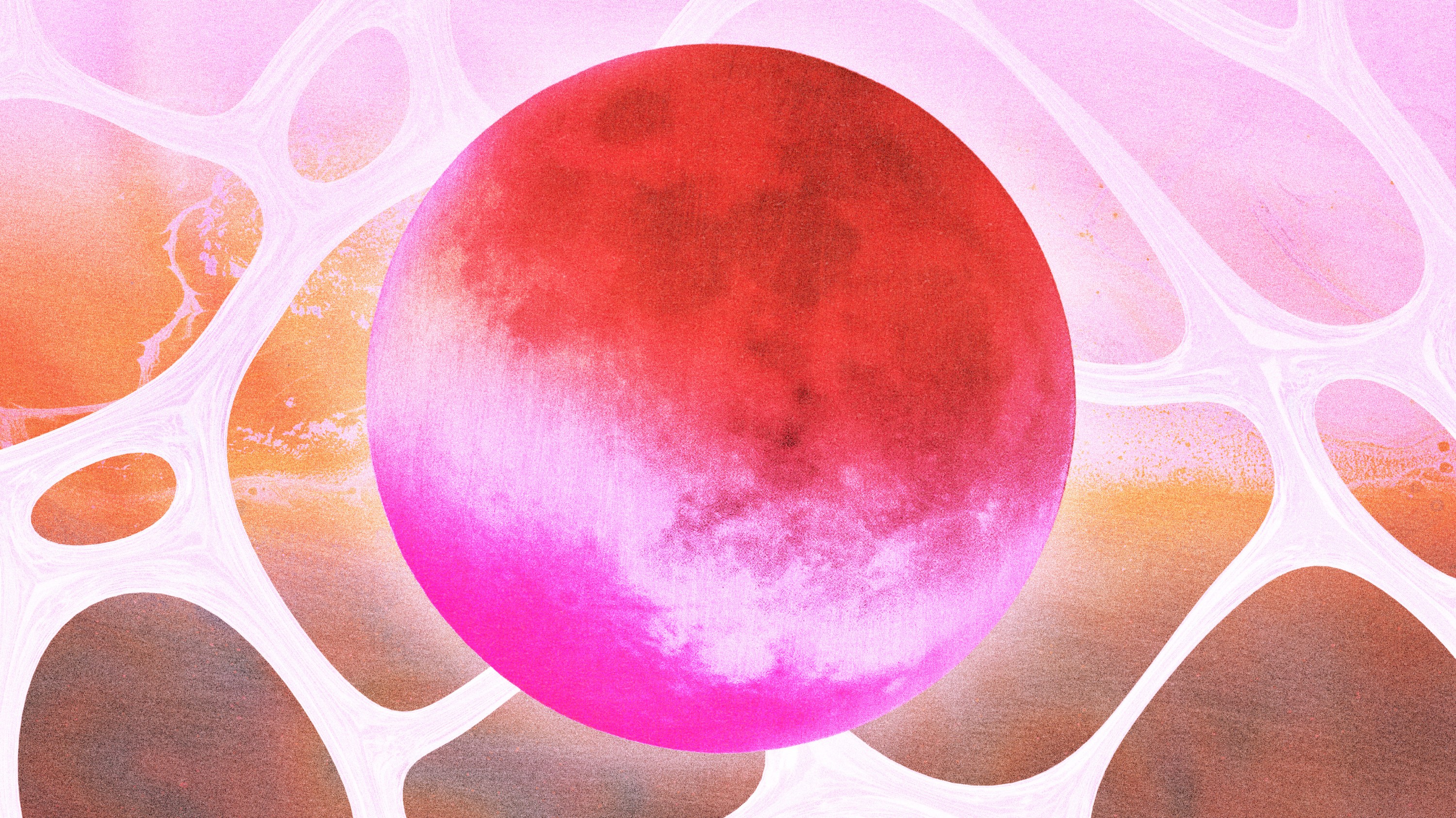 A full moon and lunar eclipse in hot pink and red hues