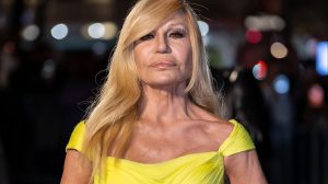 Fashion designer Donatella Versace is seen arriving to the Clooney Foundation for Justice's The Albies at New York Public Library on September 26, 2024 in New York City.