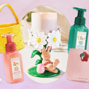 Left to Right: PEEPS x Bath & Body Works puffy yellow Easter bag; Tutti Frutti Candy hand soap; bunny and flower candle holder; Sweet Carrot Cake hand soap; light pink flower cutout gift bag