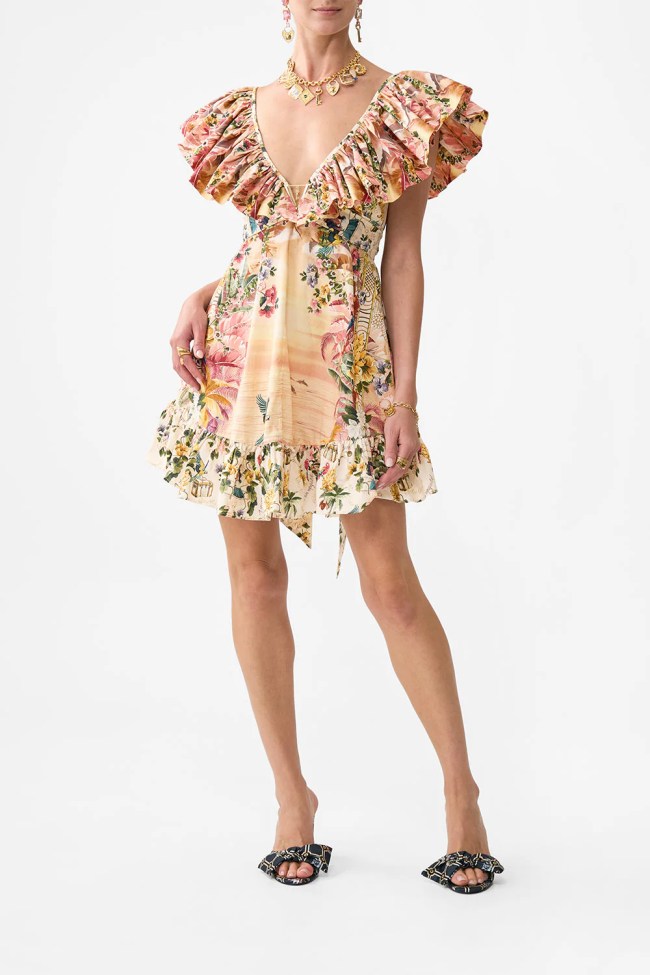 Camilla Short Frill Neck Dress with Hardware